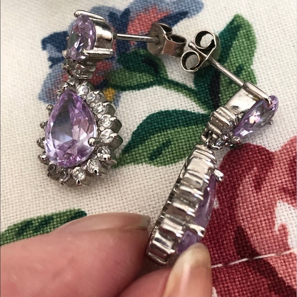 Sterling Silver 925 Purple and Clear Stone Dangle Earrings - Picture 9 of 16
